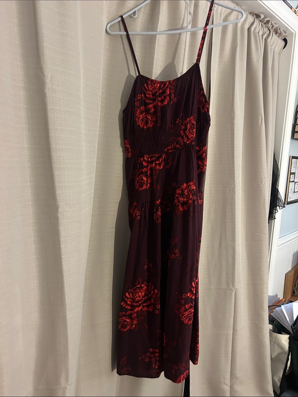 Old Navy Burgundy Maxi Dress with Red Floral Print